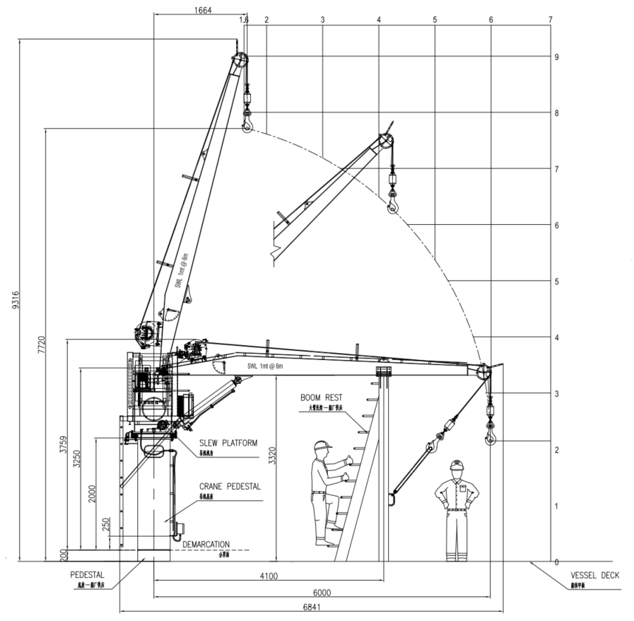 Algemene ontwerptekening van de 1 mt Pedestal Mounted Crane